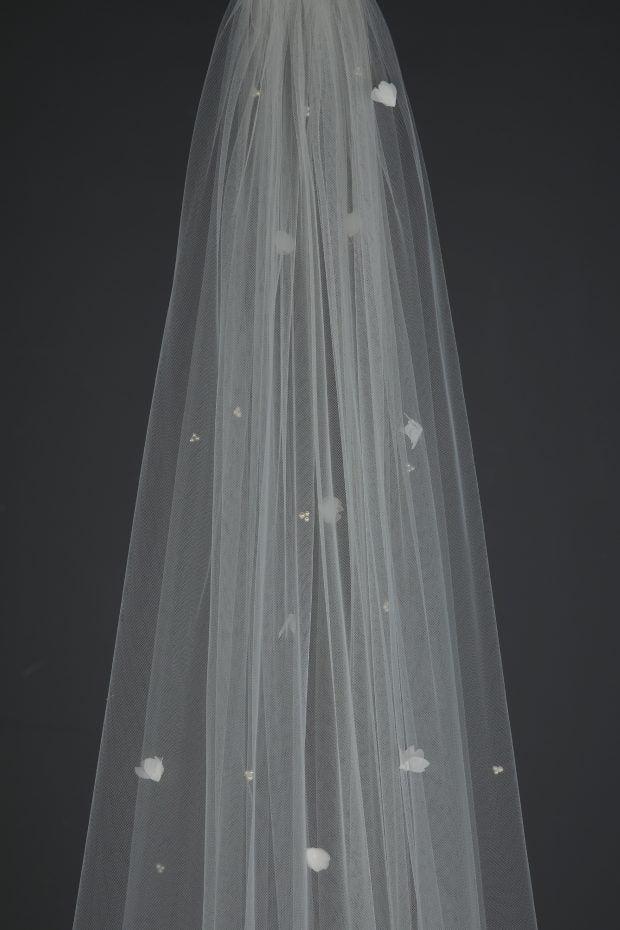 C622B-Chiffon Flower and Pearl Veil - Adore Bridal and Occasion Wear