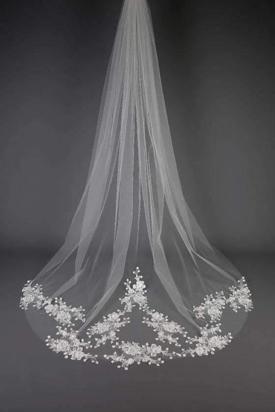 TONI - SPARKLING FLORAL LACE TRAIN VEIL - 98" - Adore Bridal and Occasion Wear