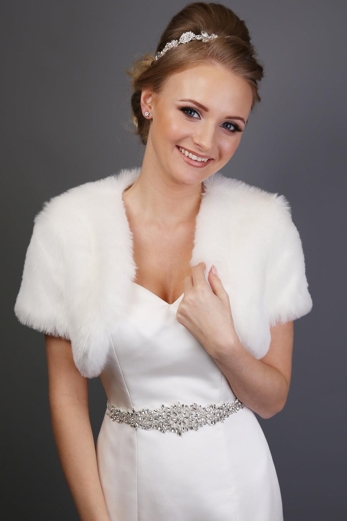 ENYA SHORT SLEEVED FAUX FUR SHRUG - Adore Bridal and Occasion Wear